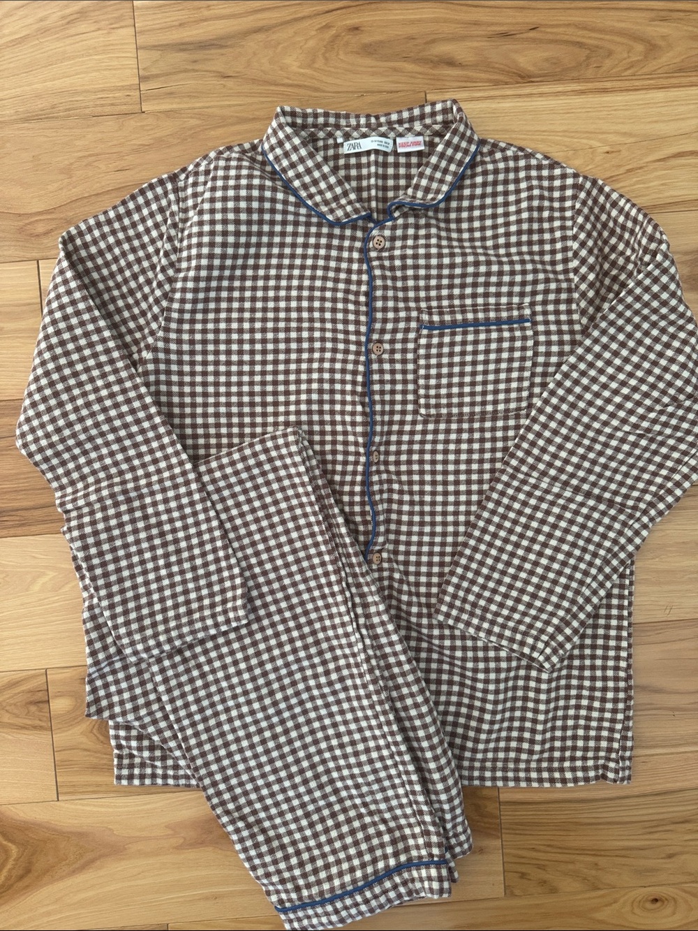 Zara Brown and White Checked Kids Pajama Set with Navy Trim